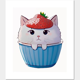 Cute Kawaii Cat in a Cup with Strawberry Hat Posters and Art